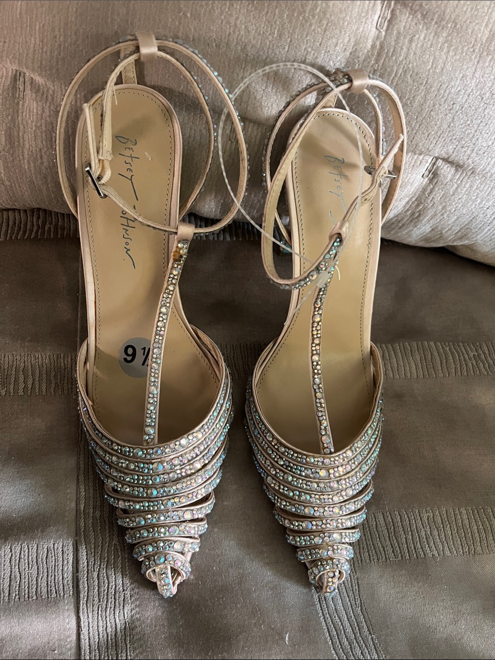 Betsey Johnson Beige Crystal T-Strap Pointed Heels - Picture 4 of 5